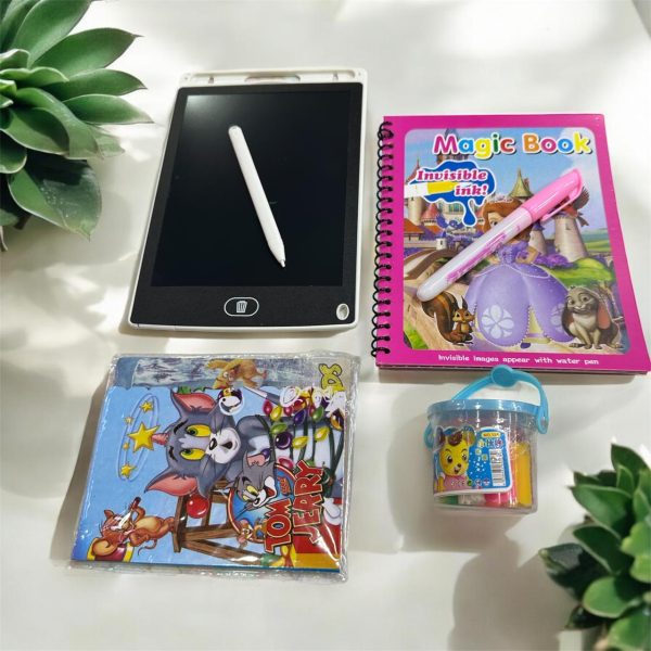 4 Pcs Deal Kids Learning Package 8.5 Inch Lcd Writing Tablet, Magic Book, Clay Bucket, Autograph Dairy