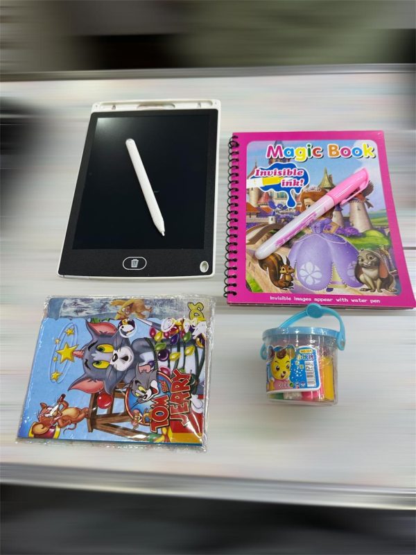 4 Pcs Deal Kids Learning Package 8.5 Inch Lcd Writing Tablet, Magic Book, Clay Bucket, Autograph Dairy