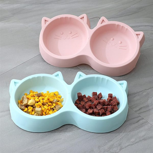 Cat Shaped Double Food Bowl Pet Plastic Food Bowl