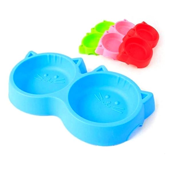 Cat Shaped Double Food Bowl Pet Plastic Food Bowl