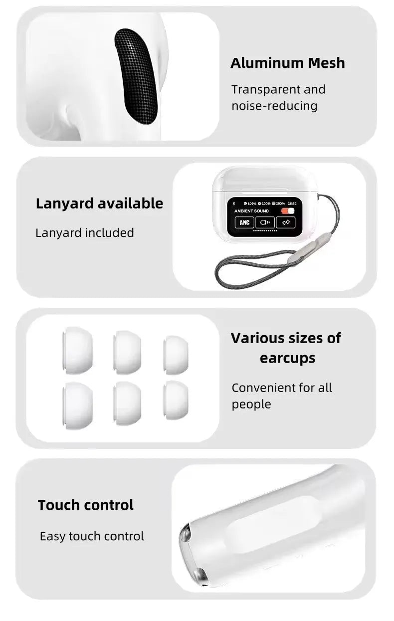 A9 Pro Black & White Airpods Anc With App | Screen Airpods | Extended Battery Life