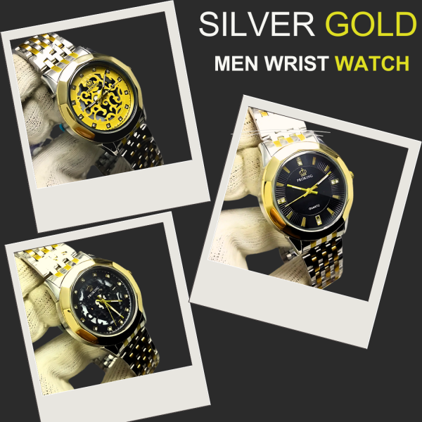 Pro King Gents Silver Gold Wrist Watch | Stainless Steel Diamond Cut Quartz Watch