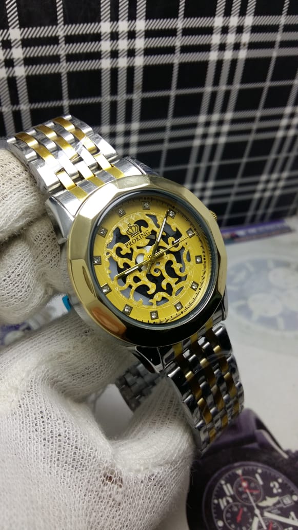 Pro King Gents Silver Gold Wrist Watch | Stainless Steel Diamond Cut Quartz Watch