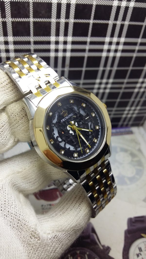 Pro King Gents Silver Gold Wrist Watch | Stainless Steel Diamond Cut Quartz Watch