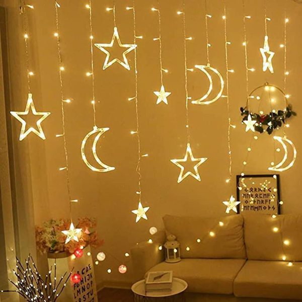 Ramadan Decoration Lights,star & Moon Curtain Lights( 10ft Curtain Light )